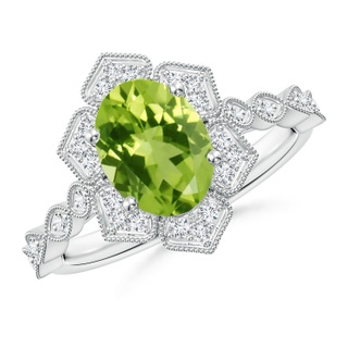 9x7mm AAA Oval Peridot Trillium Floral Shank Ring in White Gold