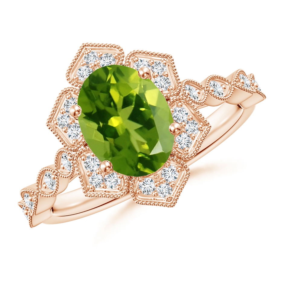 9x7mm AAAA Oval Peridot Trillium Floral Shank Ring in Rose Gold 