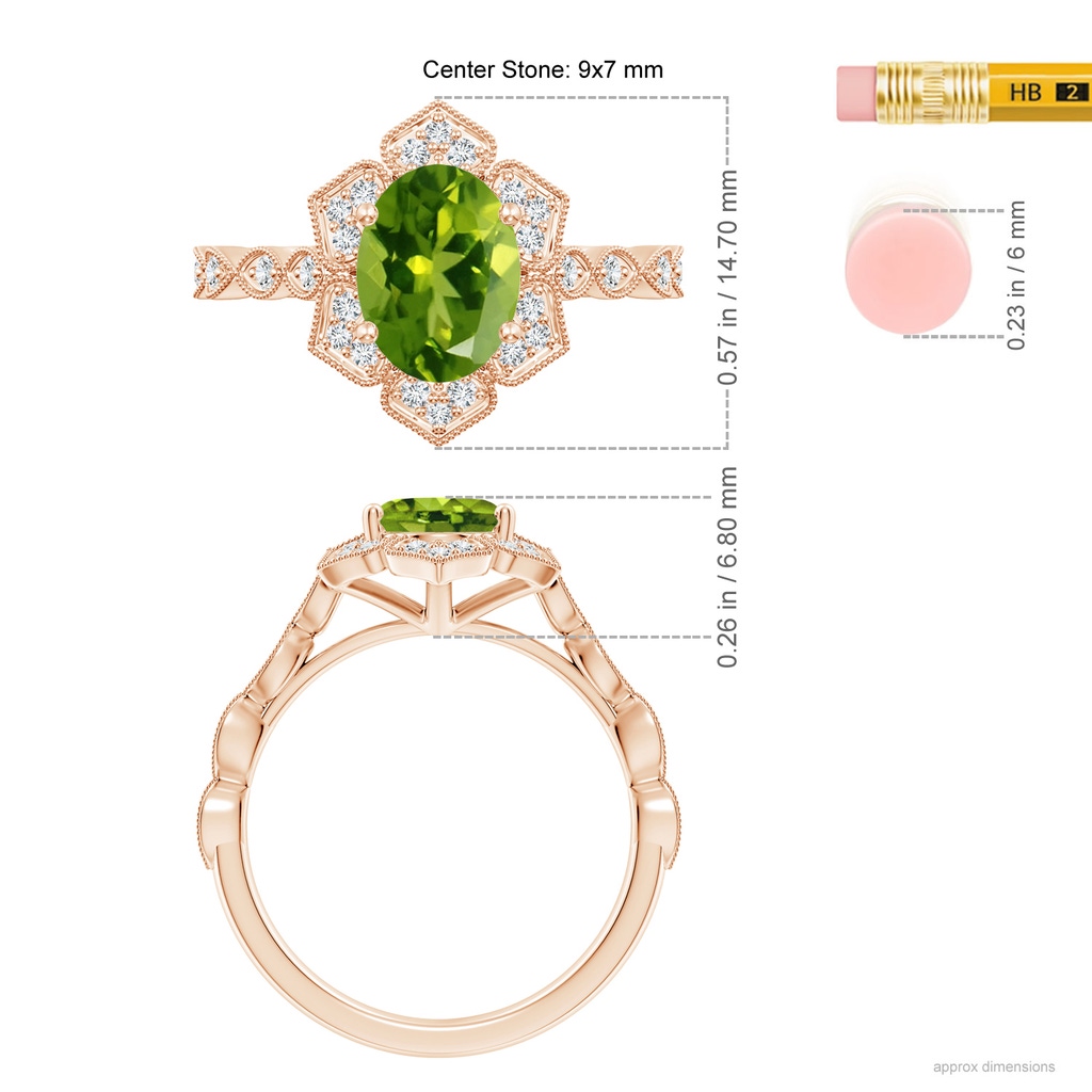 9x7mm AAAA Oval Peridot Trillium Floral Shank Ring in Rose Gold Ruler