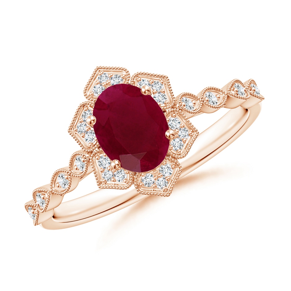 7x5mm A Oval Ruby Trillium Floral Shank Ring in Rose Gold 