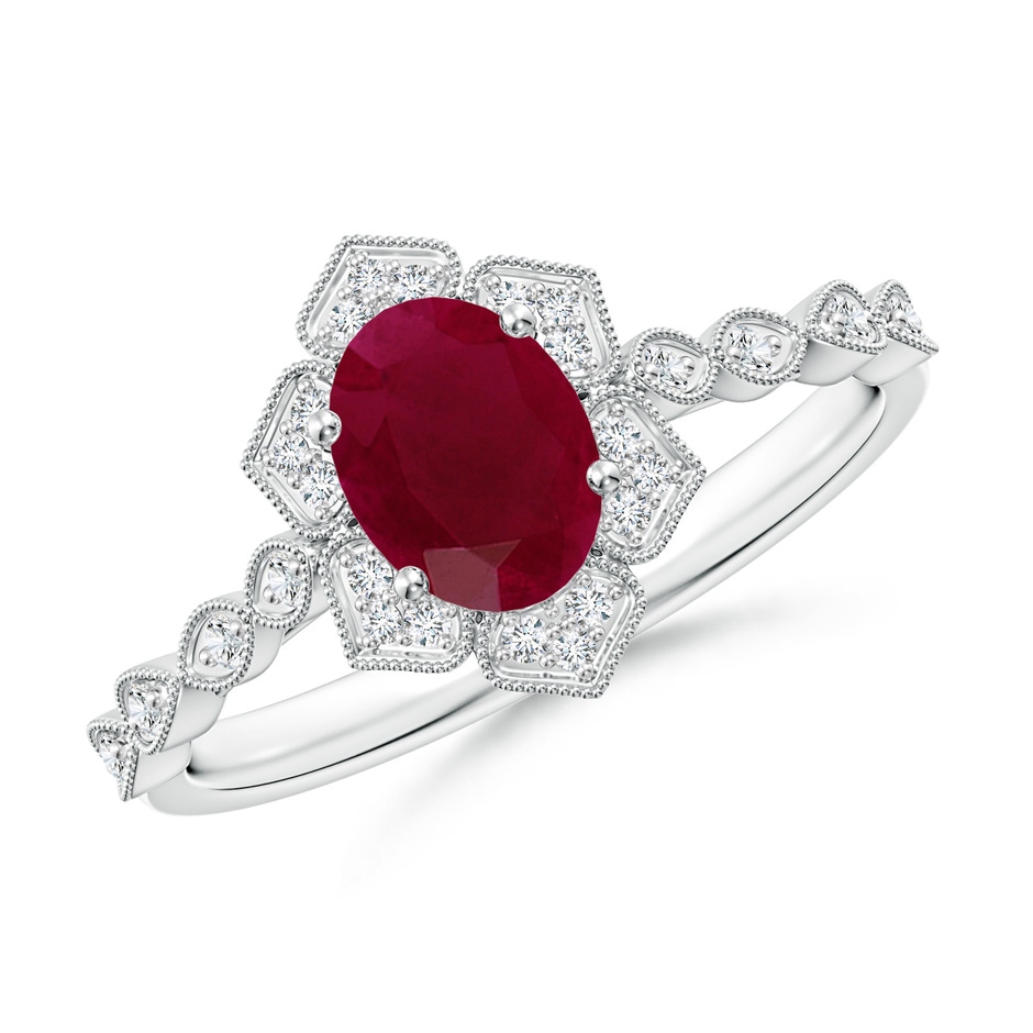 7x5mm A Oval Ruby Trillium Floral Shank Ring in White Gold 
