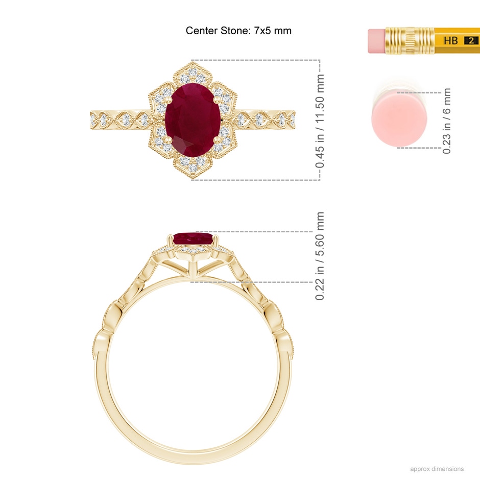 7x5mm A Oval Ruby Trillium Floral Shank Ring in Yellow Gold ruler