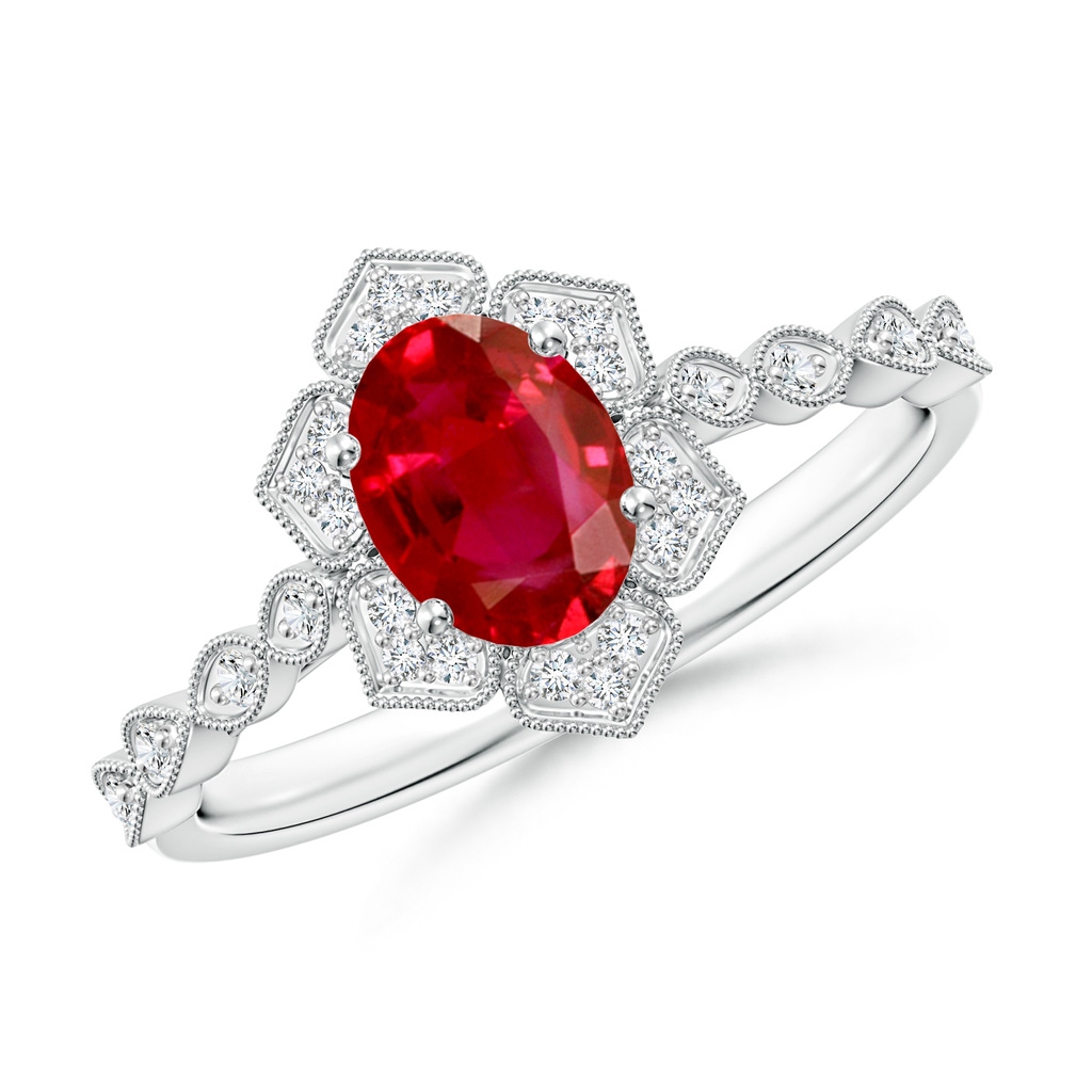 7x5mm AAA Oval Ruby Trillium Floral Shank Ring in White Gold