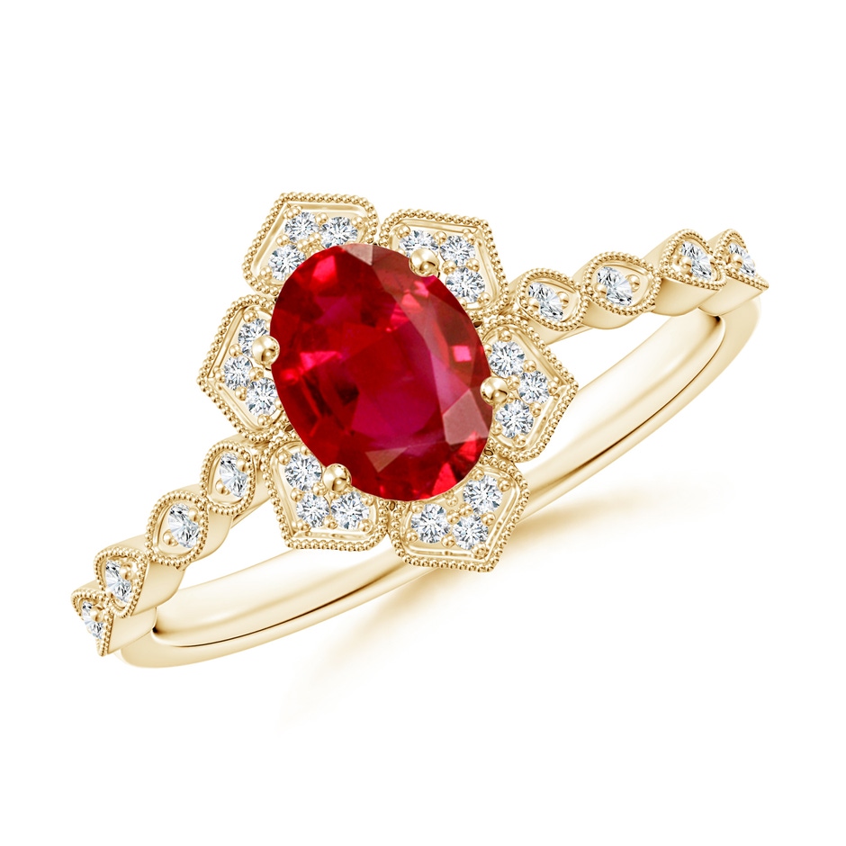 7x5mm AAA Oval Ruby Trillium Floral Shank Ring in Yellow Gold 