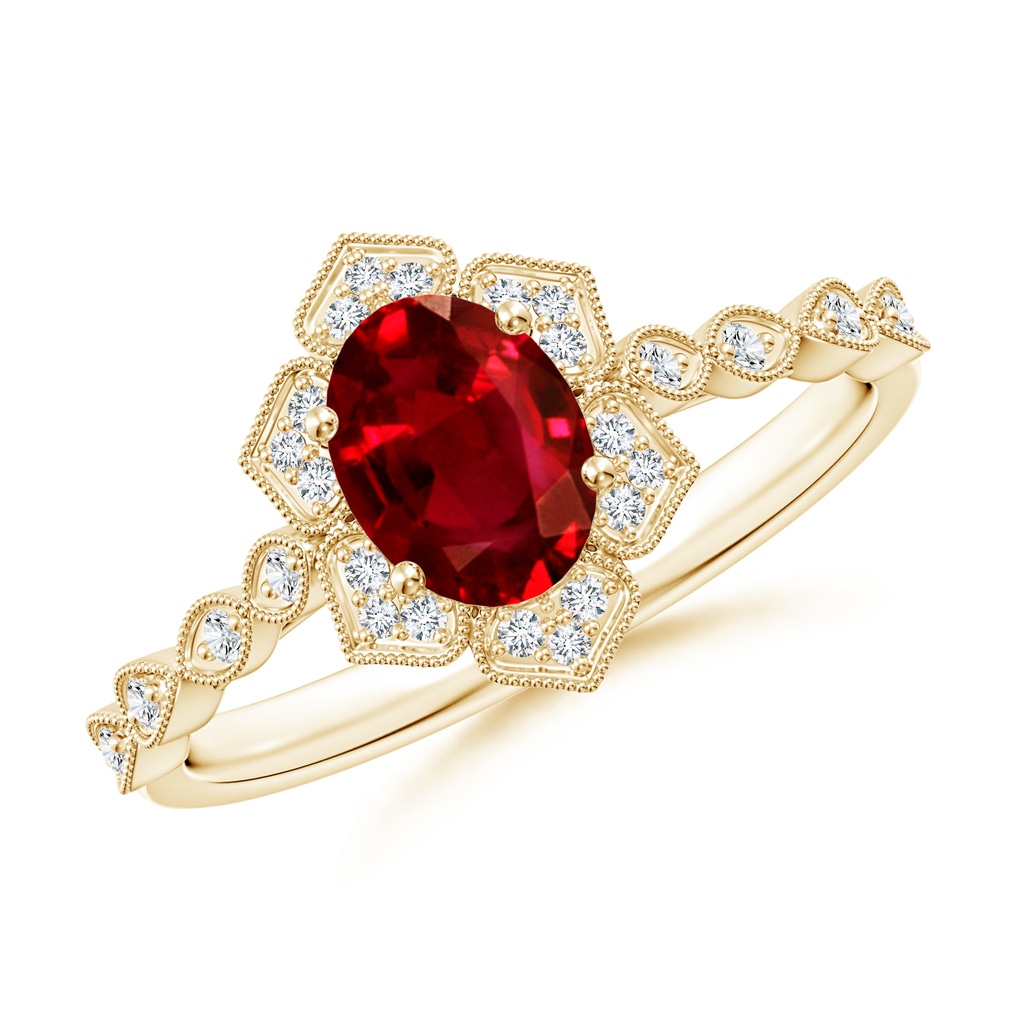 7x5mm AAAA Oval Ruby Trillium Floral Shank Ring in Yellow Gold
