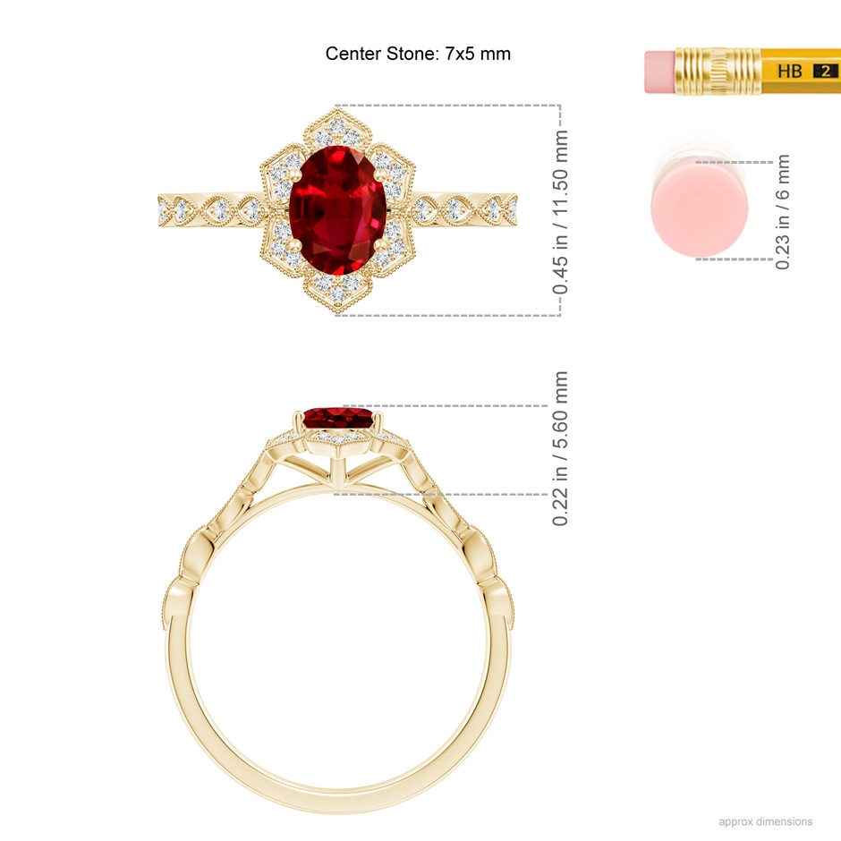 7x5mm AAAA Oval Ruby Trillium Floral Shank Ring in Yellow Gold ruler
