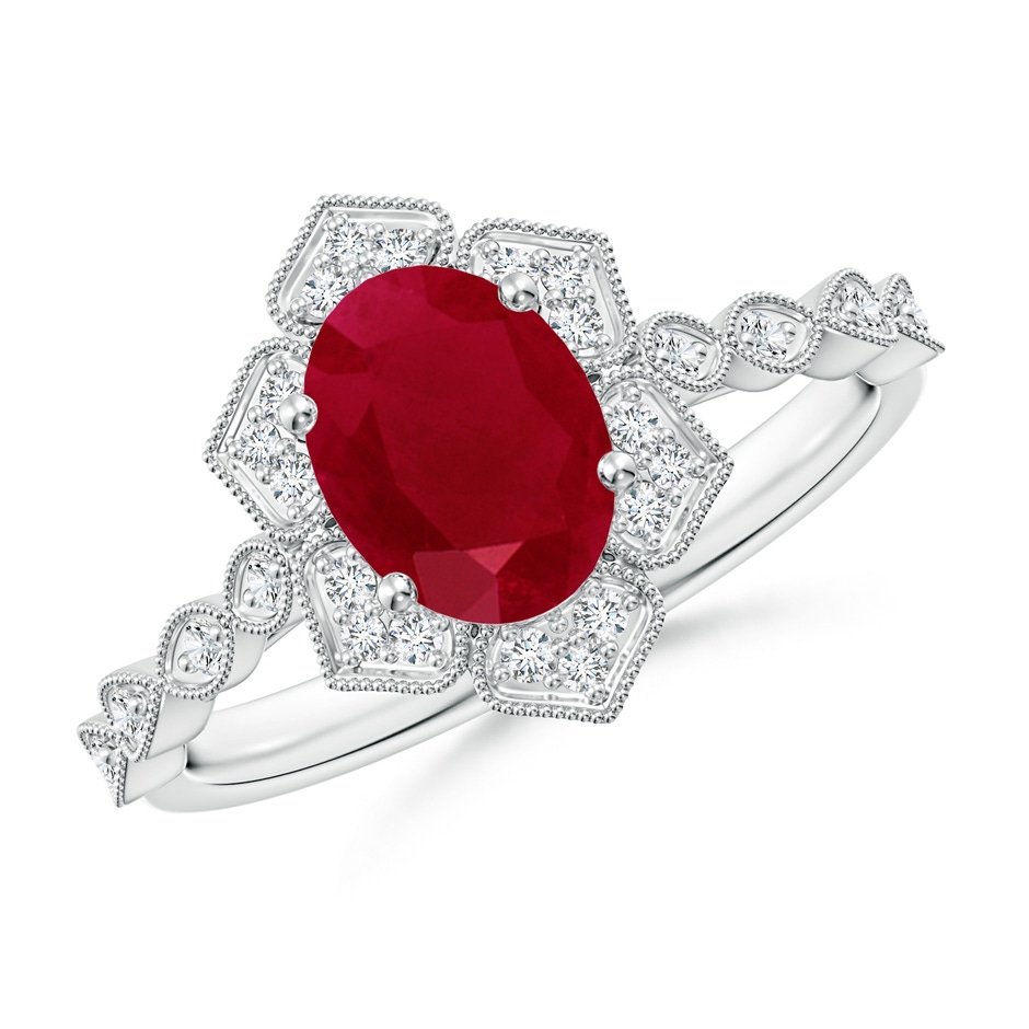 8x6mm AA Oval Ruby Trillium Floral Shank Ring in White Gold 