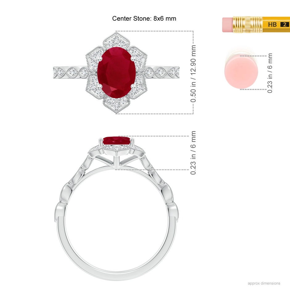 8x6mm AA Oval Ruby Trillium Floral Shank Ring in White Gold ruler