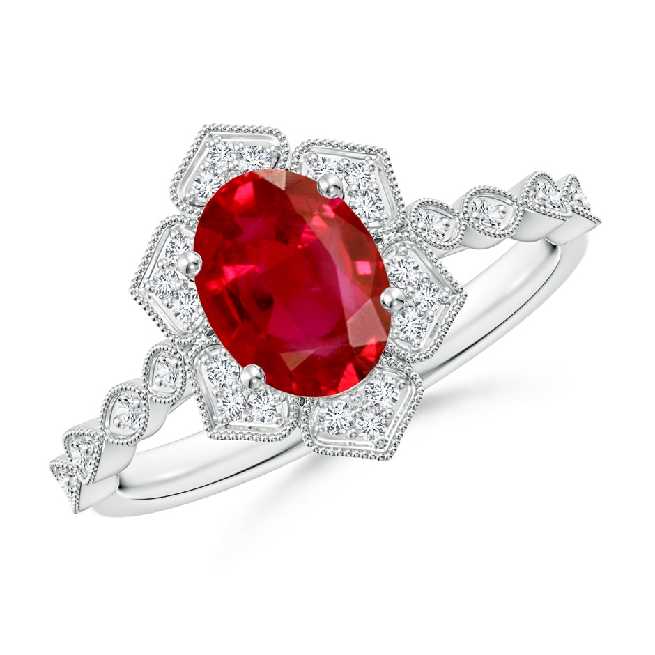 8x6mm AAA Oval Ruby Trillium Floral Shank Ring in White Gold 