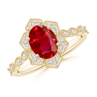 8x6mm AAA Oval Ruby Trillium Floral Shank Ring in Yellow Gold