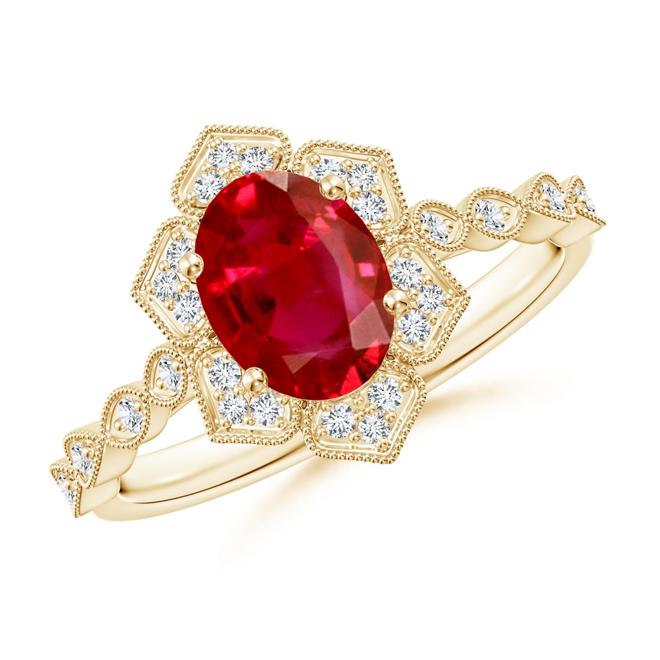 8x6mm AAA Oval Ruby Trillium Floral Shank Ring in Yellow Gold 
