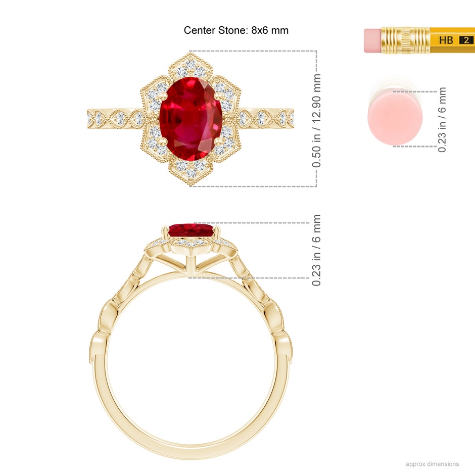 8x6mm AAA Oval Ruby Trillium Floral Shank Ring in Yellow Gold ruler