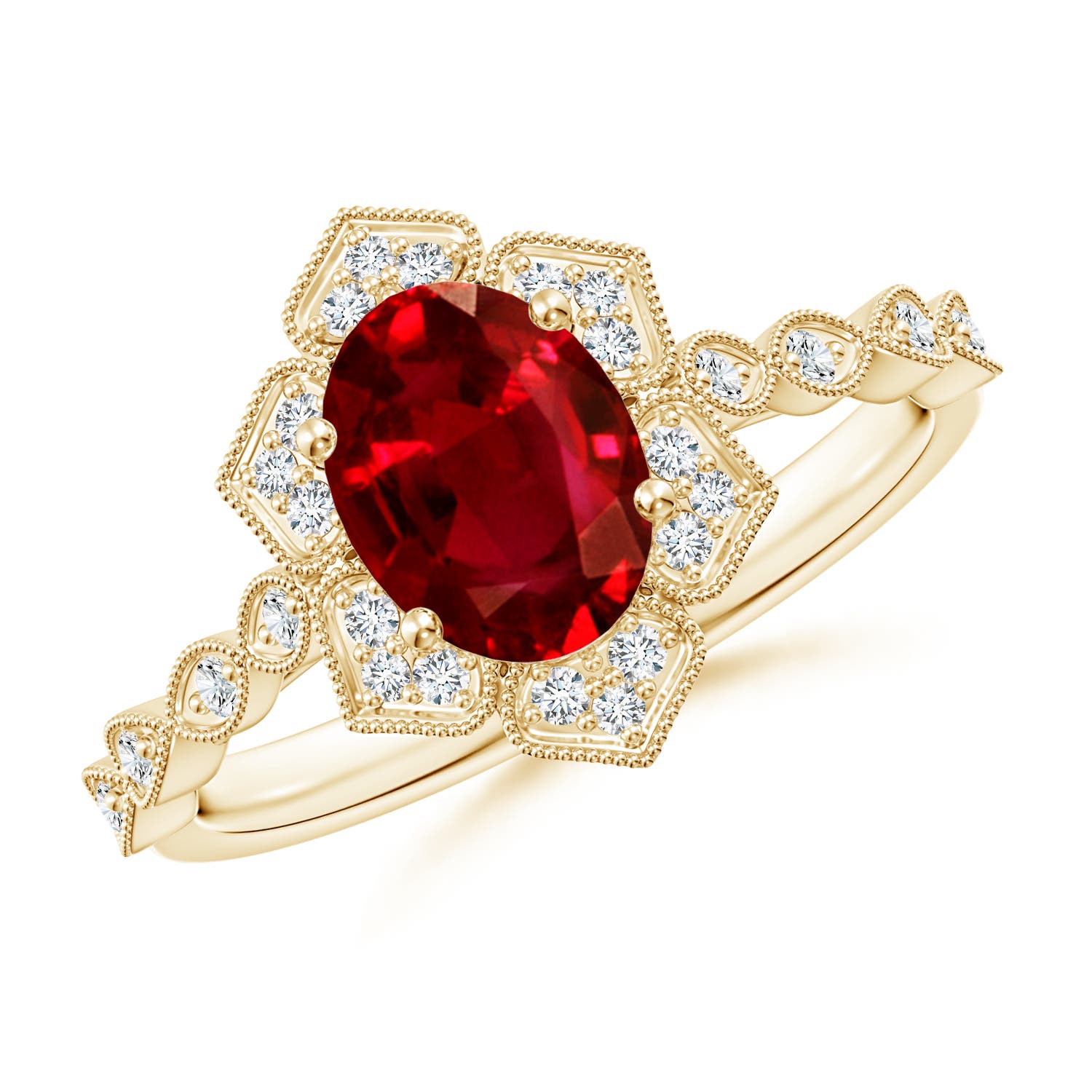8x6mm AAAA Oval Ruby Trillium Floral Shank Ring in Yellow Gold