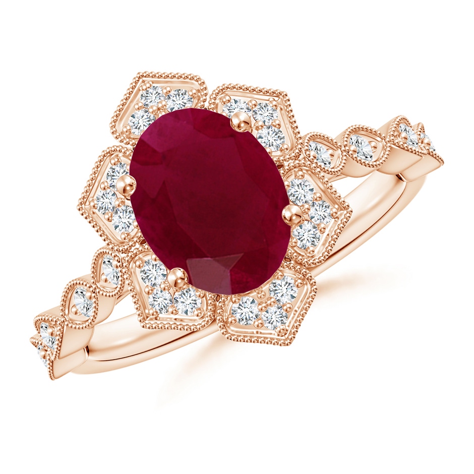 9x7mm A Oval Ruby Trillium Floral Shank Ring in Rose Gold 