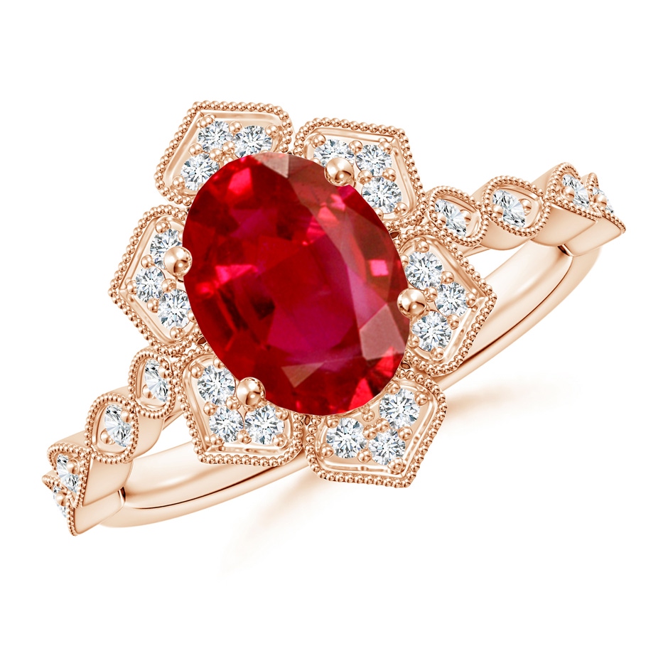 9x7mm AAA Oval Ruby Trillium Floral Shank Ring in Rose Gold 