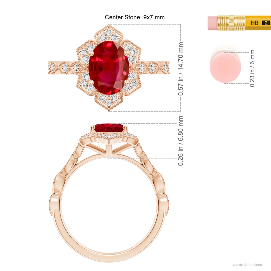 9x7mm AAA Oval Ruby Trillium Floral Shank Ring in Rose Gold ruler