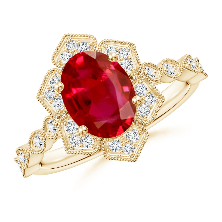 9x7mm AAA Oval Ruby Trillium Floral Shank Ring in Yellow Gold 