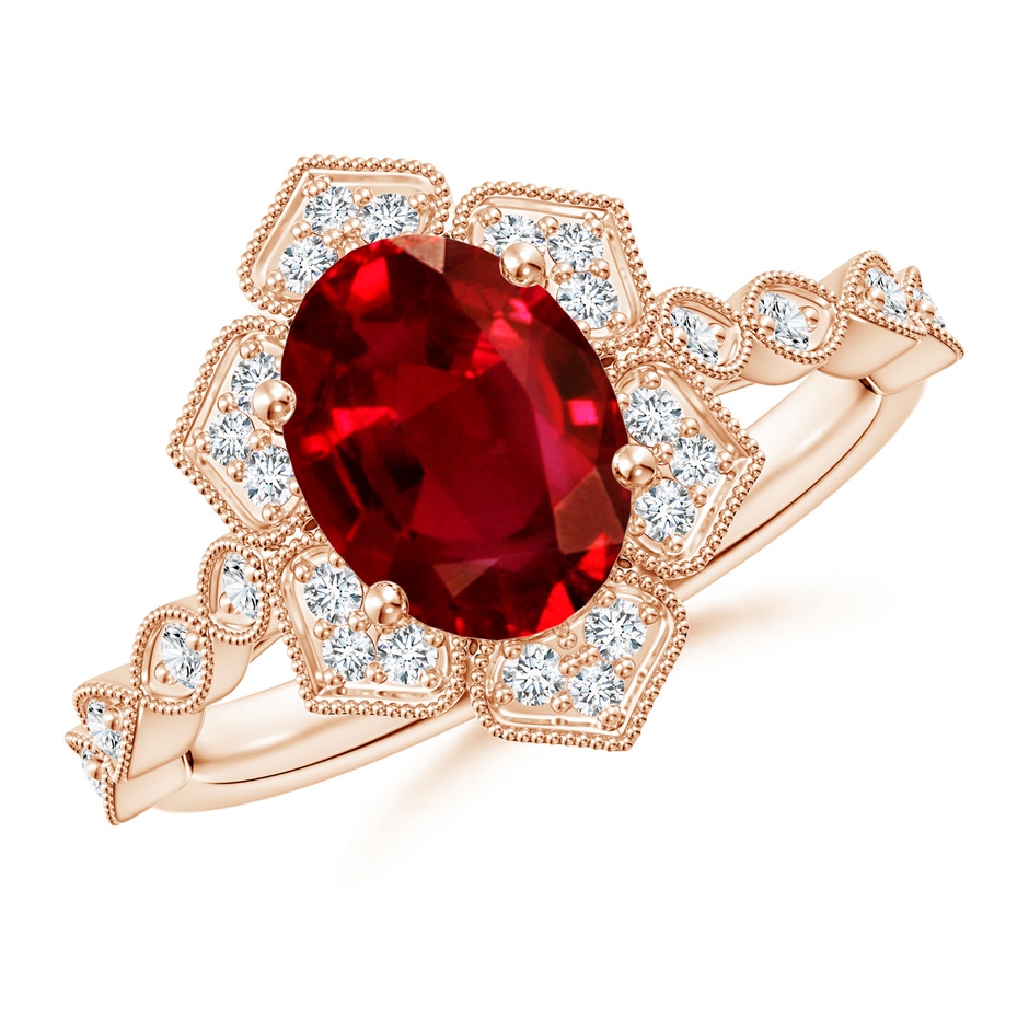 9x7mm AAAA Oval Ruby Trillium Floral Shank Ring in Rose Gold 