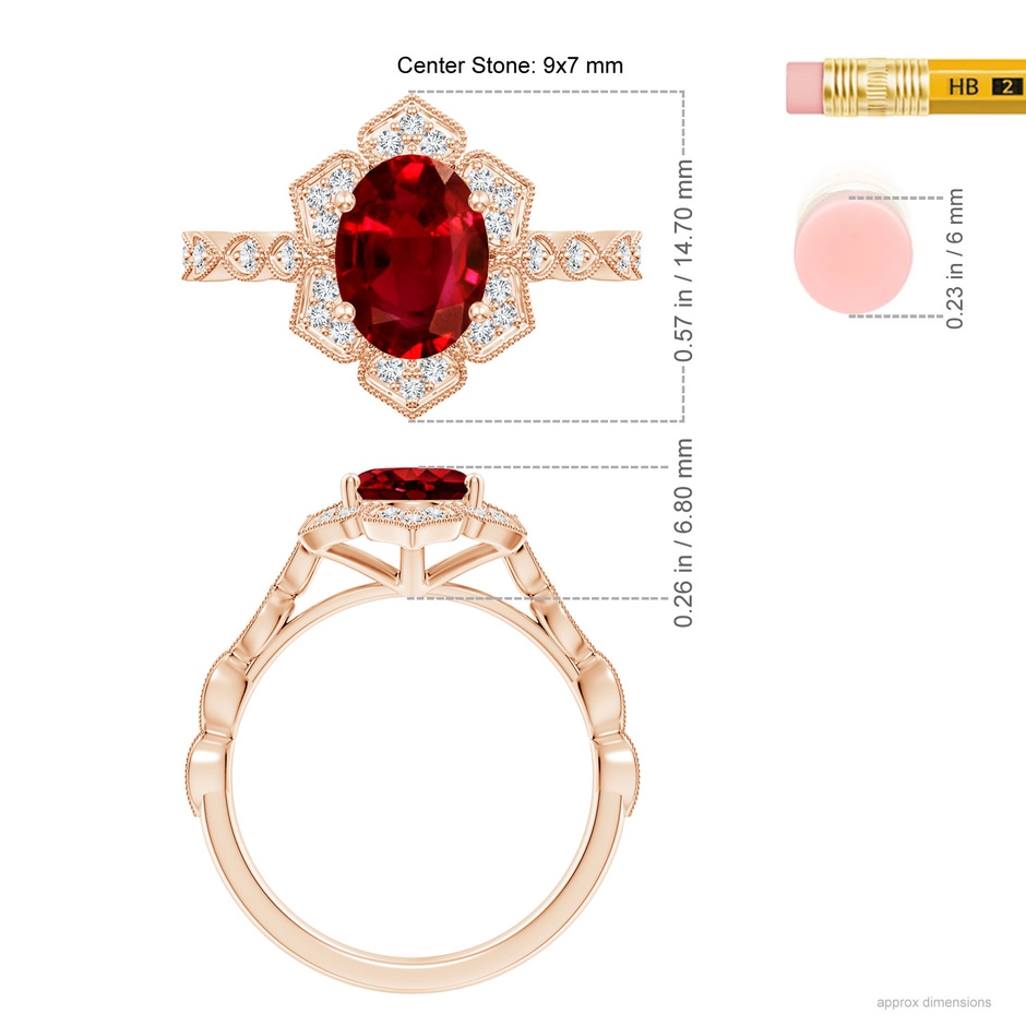 9x7mm AAAA Oval Ruby Trillium Floral Shank Ring in Rose Gold ruler