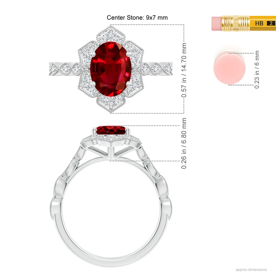 9x7mm AAAA Oval Ruby Trillium Floral Shank Ring in White Gold ruler