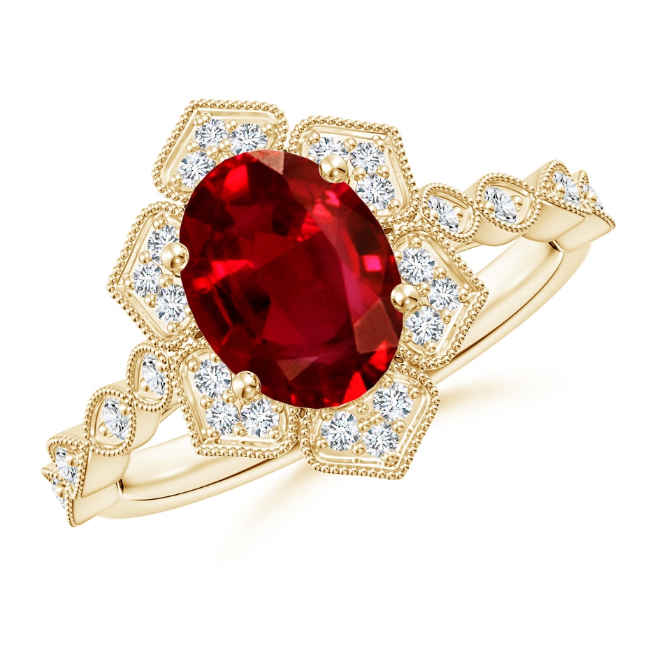 9x7mm AAAA Oval Ruby Trillium Floral Shank Ring in Yellow Gold 
