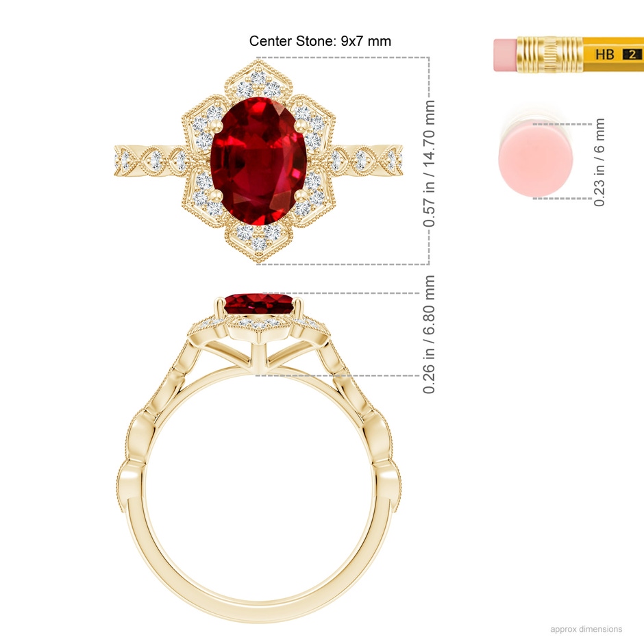 9x7mm AAAA Oval Ruby Trillium Floral Shank Ring in Yellow Gold ruler