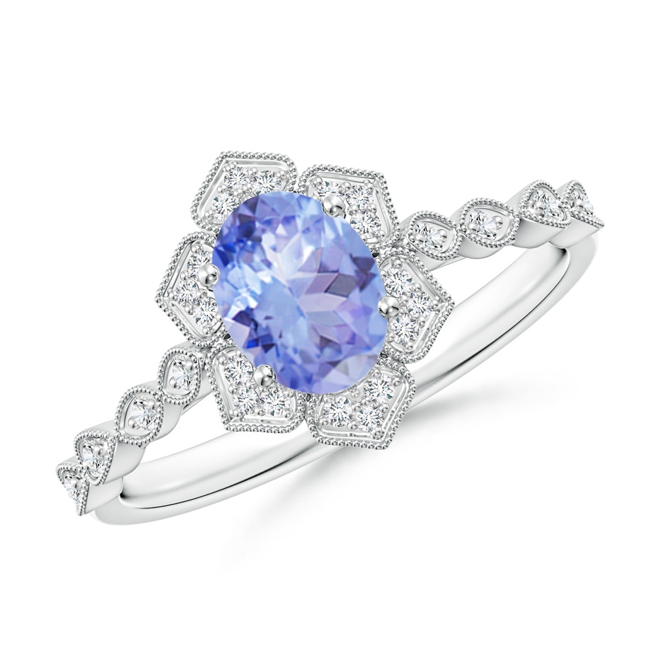 7x5mm A Oval Tanzanite Trillium Floral Shank Ring in 9K White Gold 