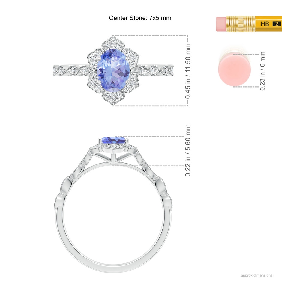 7x5mm A Oval Tanzanite Trillium Floral Shank Ring in 9K White Gold ruler