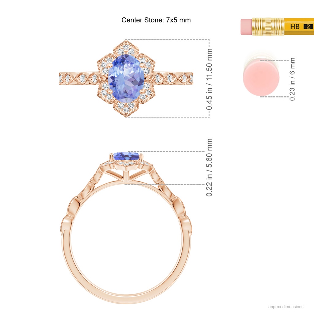 7x5mm A Oval Tanzanite Trillium Floral Shank Ring in Rose Gold Ruler