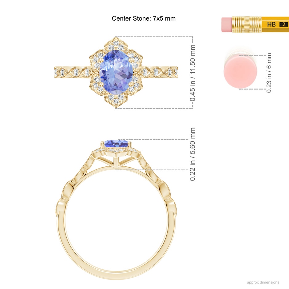 7x5mm A Oval Tanzanite Trillium Floral Shank Ring in Yellow Gold ruler