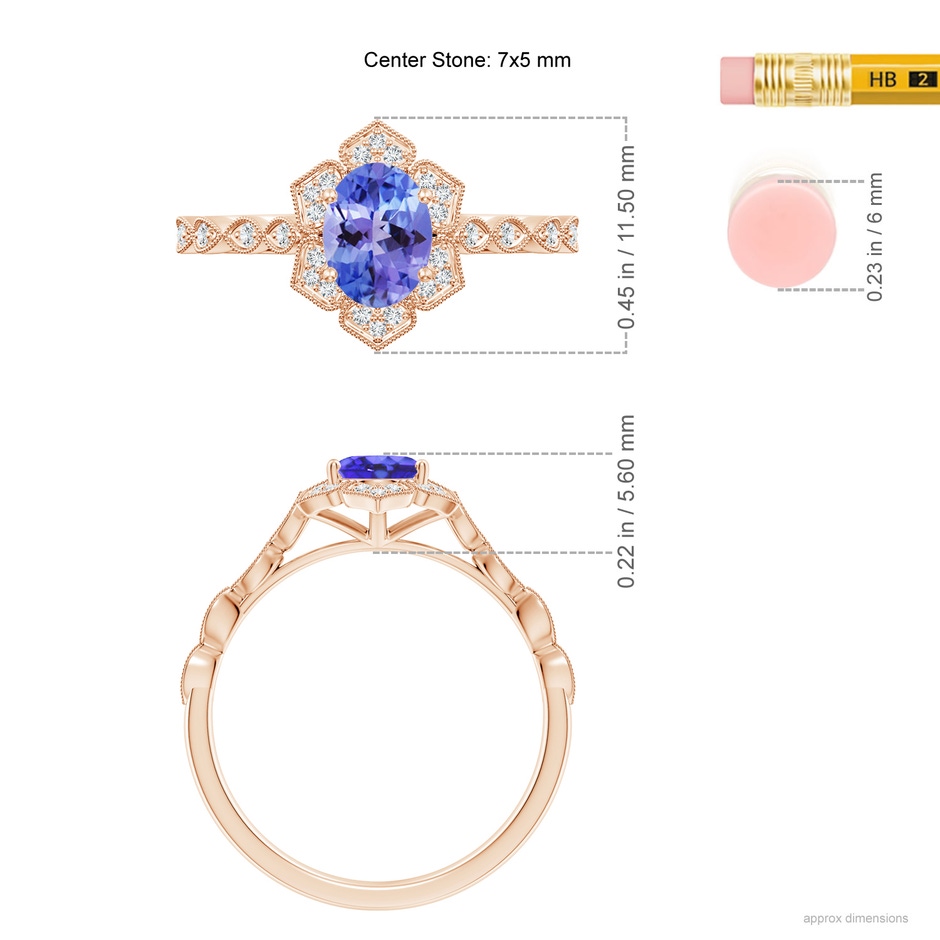 7x5mm AA Oval Tanzanite Trillium Floral Shank Ring in Rose Gold ruler