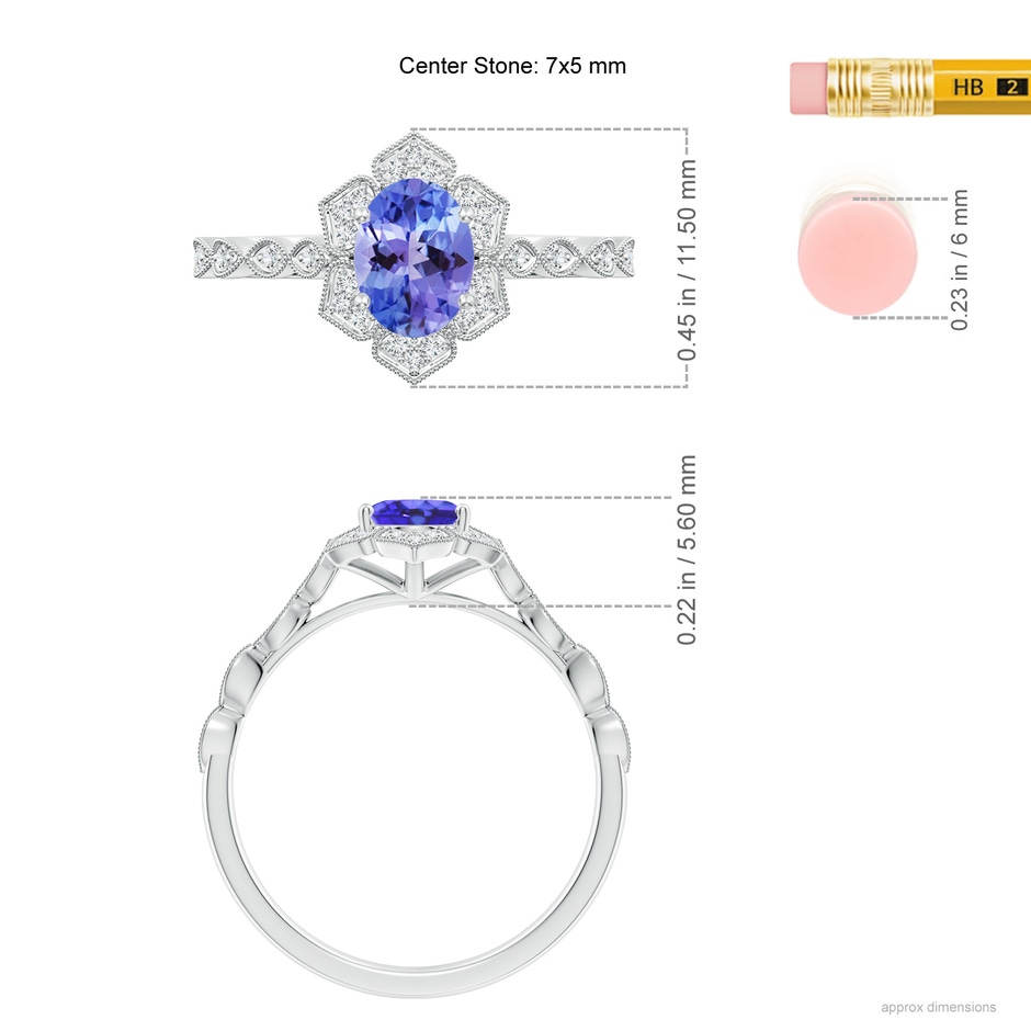 7x5mm AA Oval Tanzanite Trillium Floral Shank Ring in White Gold ruler
