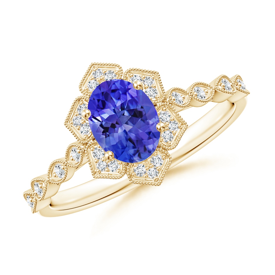 7x5mm AAA Oval Tanzanite Trillium Floral Shank Ring in 9K Yellow Gold 