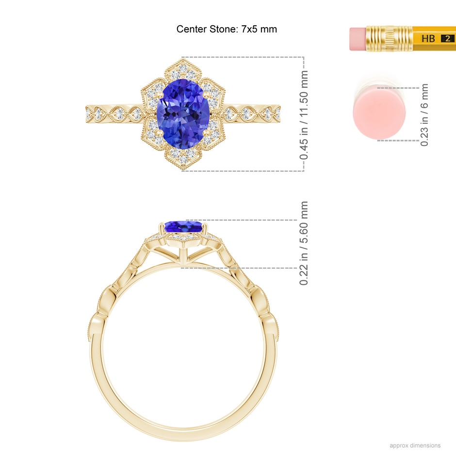 7x5mm AAA Oval Tanzanite Trillium Floral Shank Ring in 9K Yellow Gold ruler