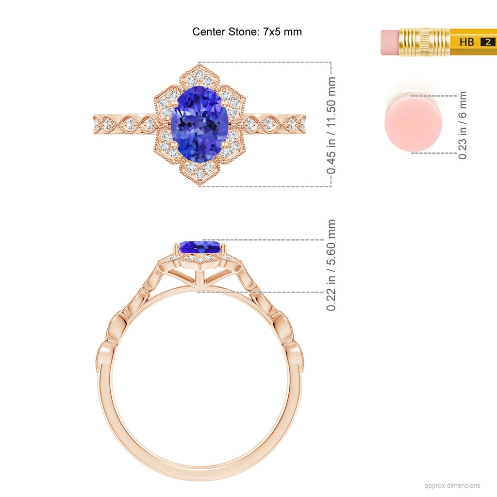 7x5mm AAA Oval Tanzanite Trillium Floral Shank Ring in Rose Gold Ruler