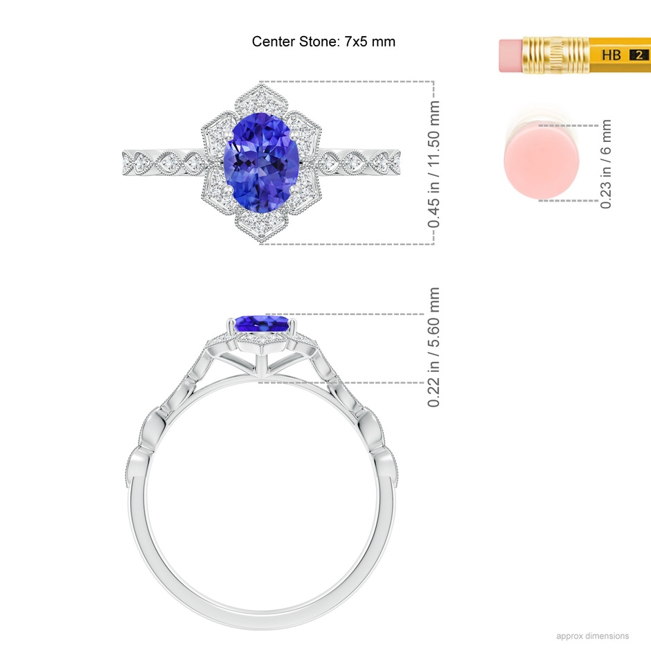 7x5mm AAA Oval Tanzanite Trillium Floral Shank Ring in White Gold ruler