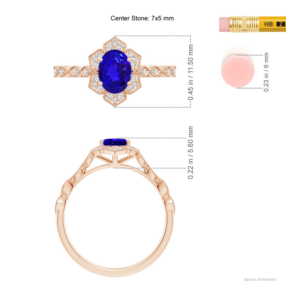 7x5mm AAAA Oval Tanzanite Trillium Floral Shank Ring in Rose Gold ruler