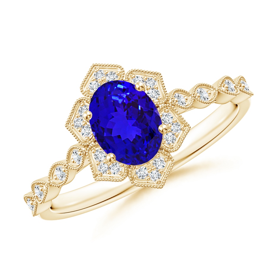 7x5mm AAAA Oval Tanzanite Trillium Floral Shank Ring in Yellow Gold 