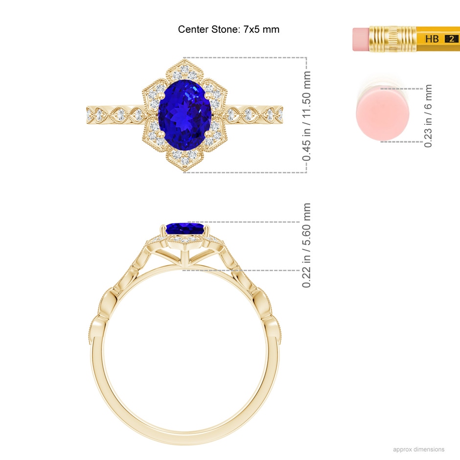 7x5mm AAAA Oval Tanzanite Trillium Floral Shank Ring in Yellow Gold ruler