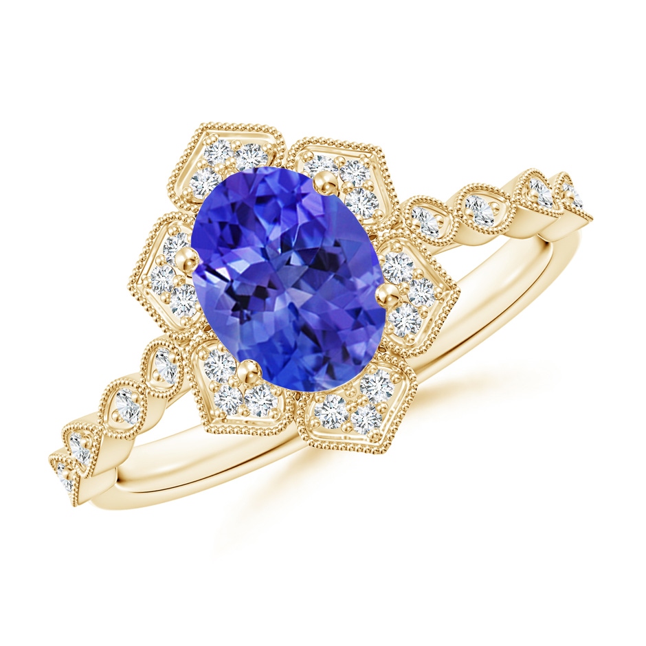 8x6mm AAA Oval Tanzanite Trillium Floral Shank Ring in Yellow Gold 