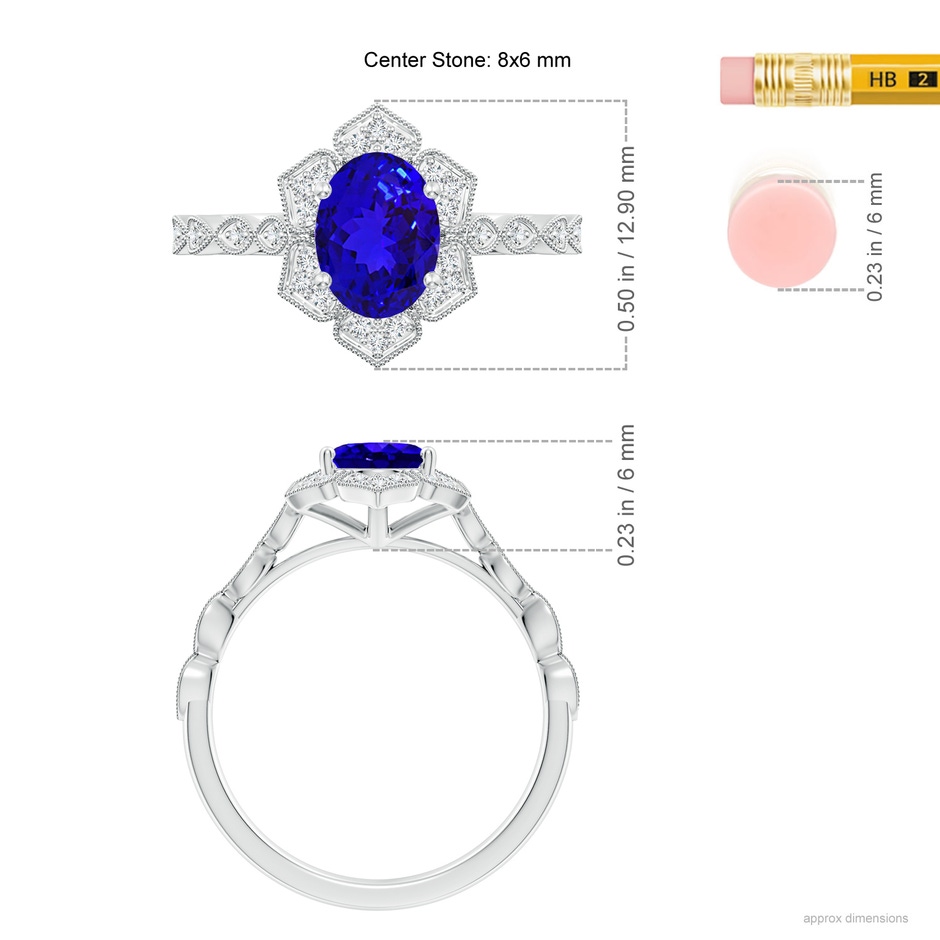 8x6mm AAAA Oval Tanzanite Trillium Floral Shank Ring in White Gold ruler