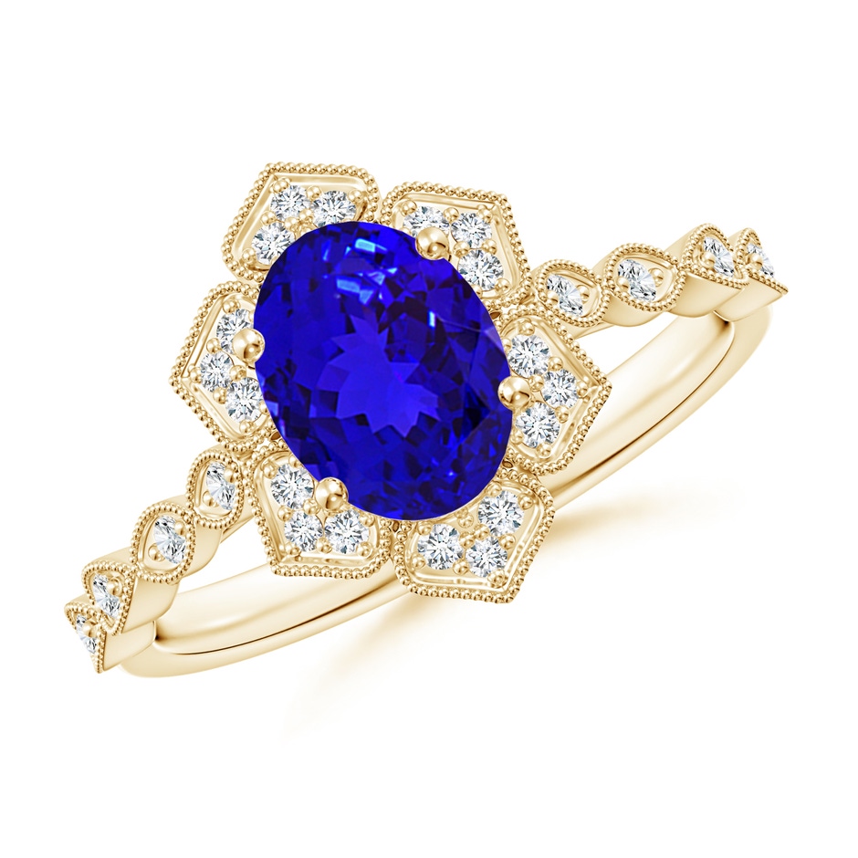 8x6mm AAAA Oval Tanzanite Trillium Floral Shank Ring in Yellow Gold 