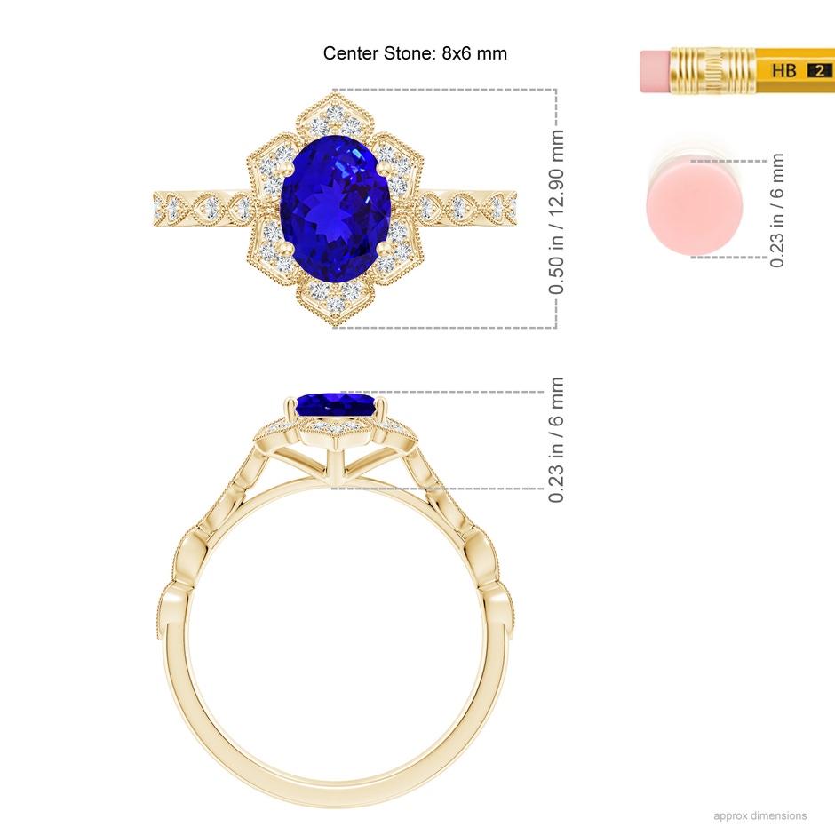 8x6mm AAAA Oval Tanzanite Trillium Floral Shank Ring in Yellow Gold ruler