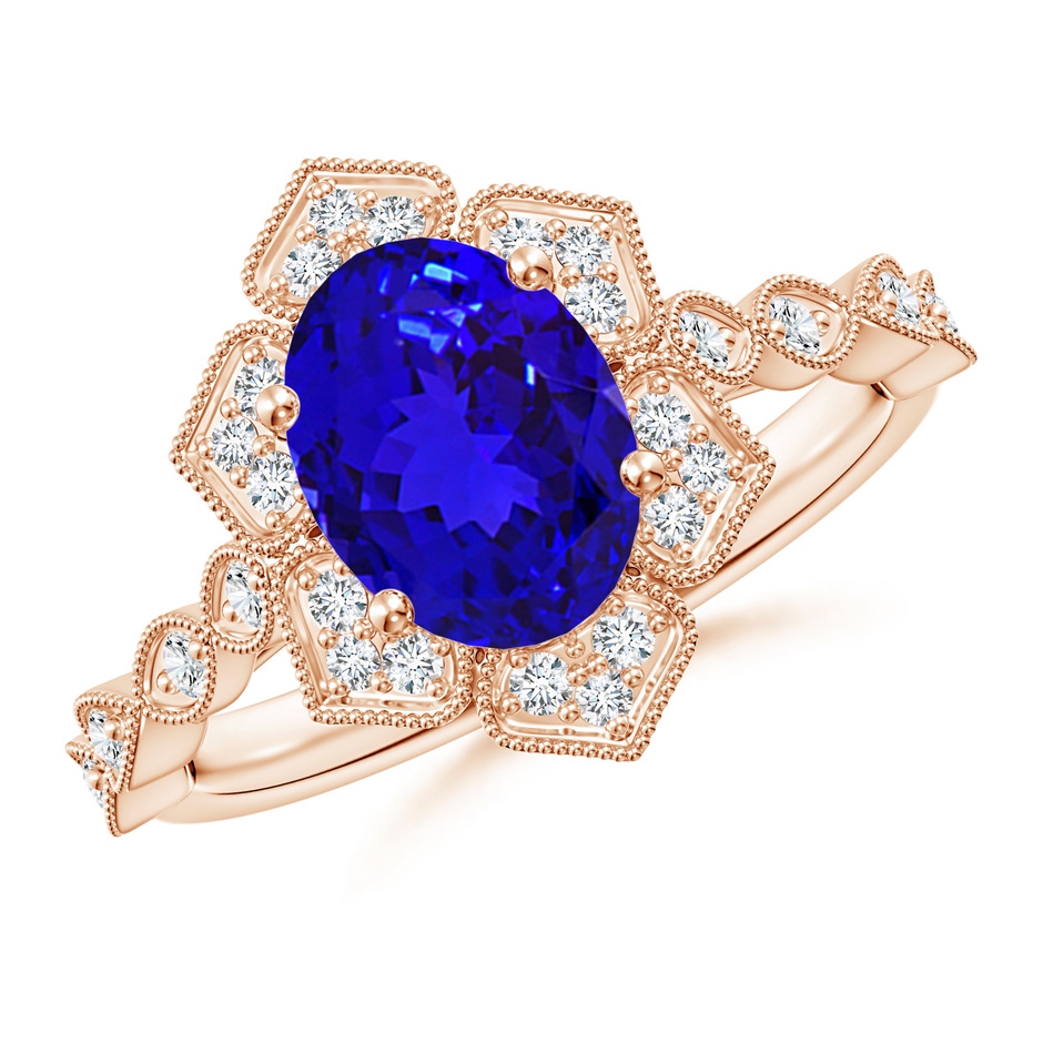 9x7mm AAAA Oval Tanzanite Trillium Floral Shank Ring in Rose Gold 