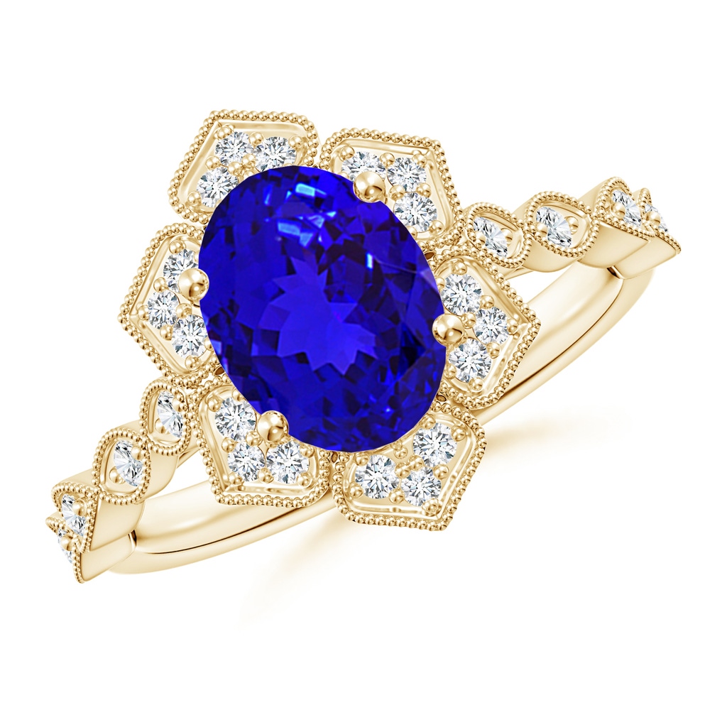 9x7mm AAAA Oval Tanzanite Trillium Floral Shank Ring in Yellow Gold