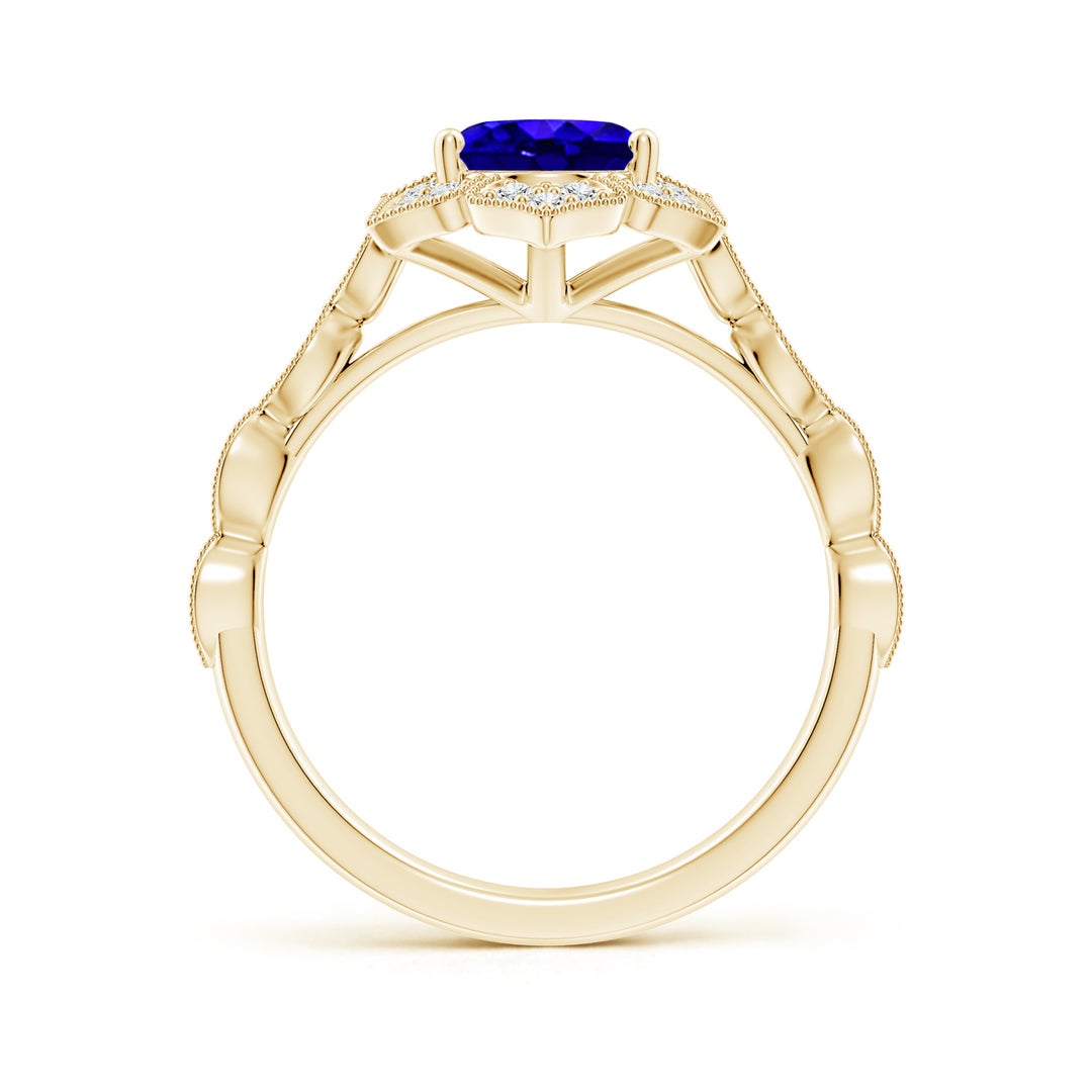 9x7mm AAAA Oval Tanzanite Trillium Floral Shank Ring in Yellow Gold - side 2