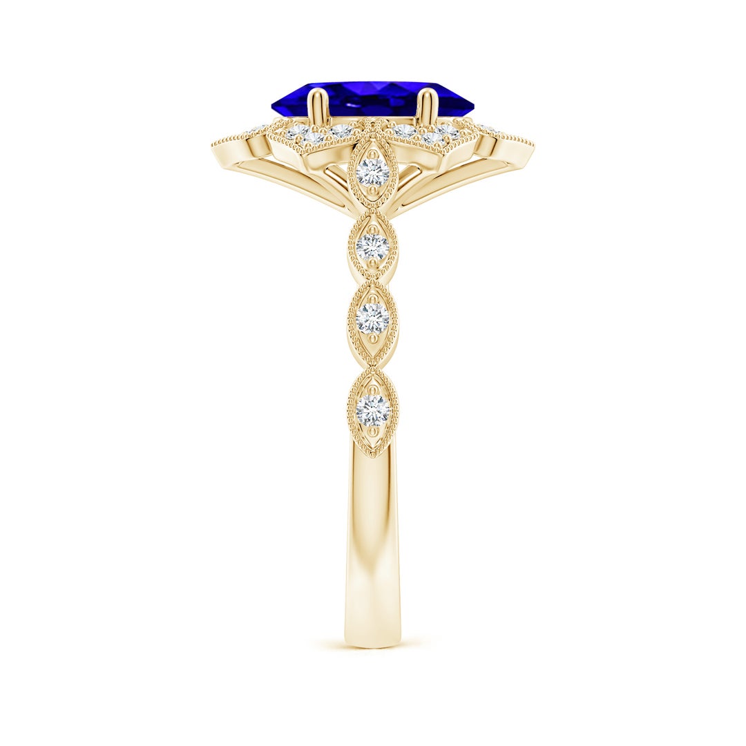 9x7mm AAAA Oval Tanzanite Trillium Floral Shank Ring in Yellow Gold - side 3
