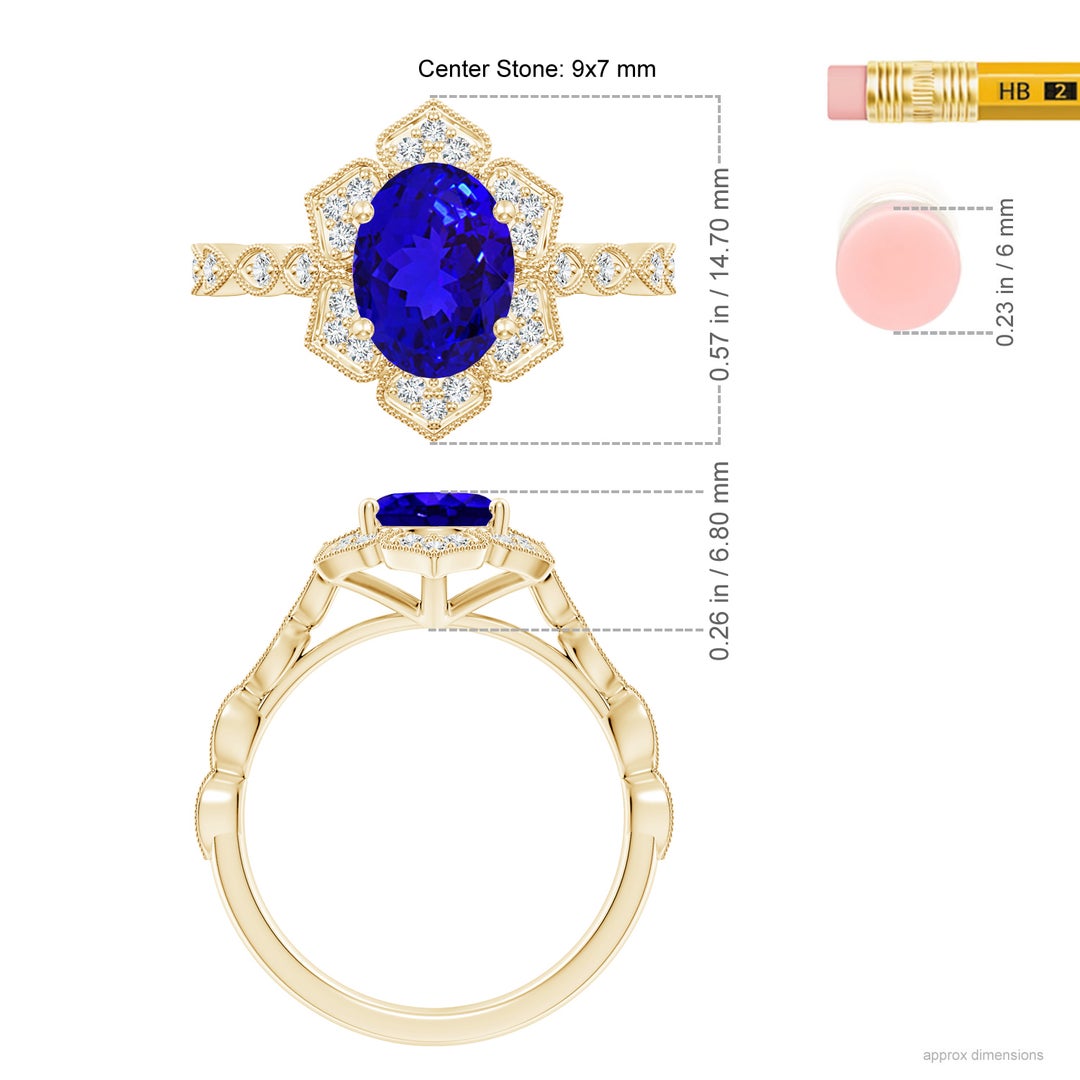 9x7mm AAAA Oval Tanzanite Trillium Floral Shank Ring in Yellow Gold - ruler