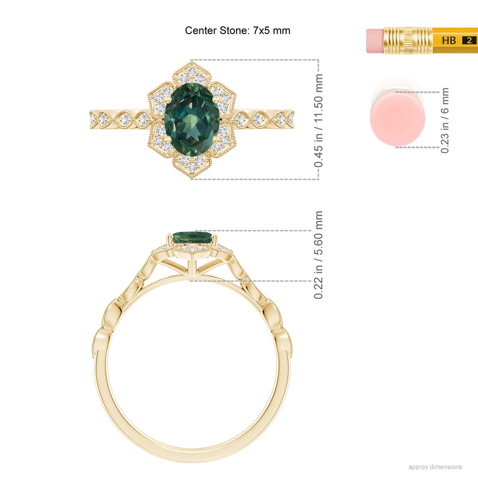 7x5mm AA Oval Teal Montana Sapphire Trillium Floral Shank Ring in 9K Yellow Gold ruler