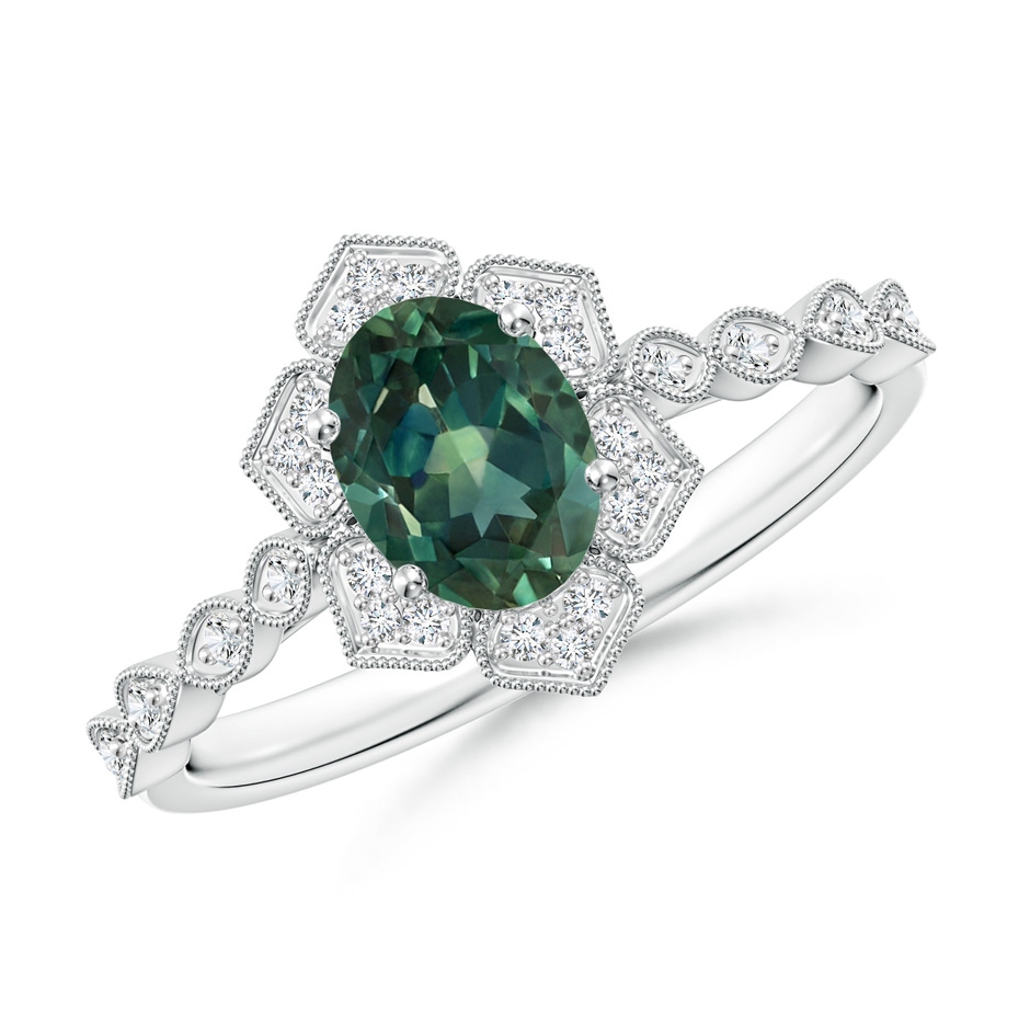 7x5mm AA Oval Teal Montana Sapphire Trillium Floral Shank Ring in White Gold 